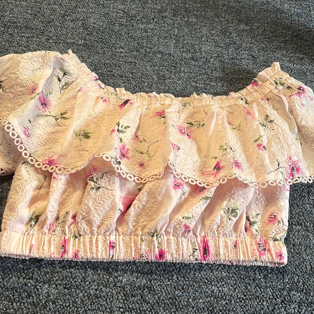 Pink flower crop top off shoulder